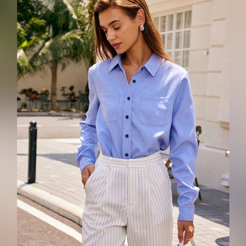 NWT RIHOAS The Blue Lapel Button-up Long Sleeve Shirt Sz M